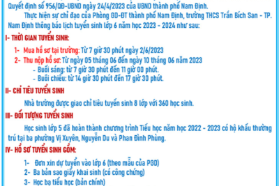 KẾ HOẠCH TUYỂN SINH VÀO LỚP 6 NĂM HỌC 2023 – 2024 CỦA TRƯỜNG THCS TRẦN BÍCH SAN – THÀNH PHỐ NAM ĐỊNH.